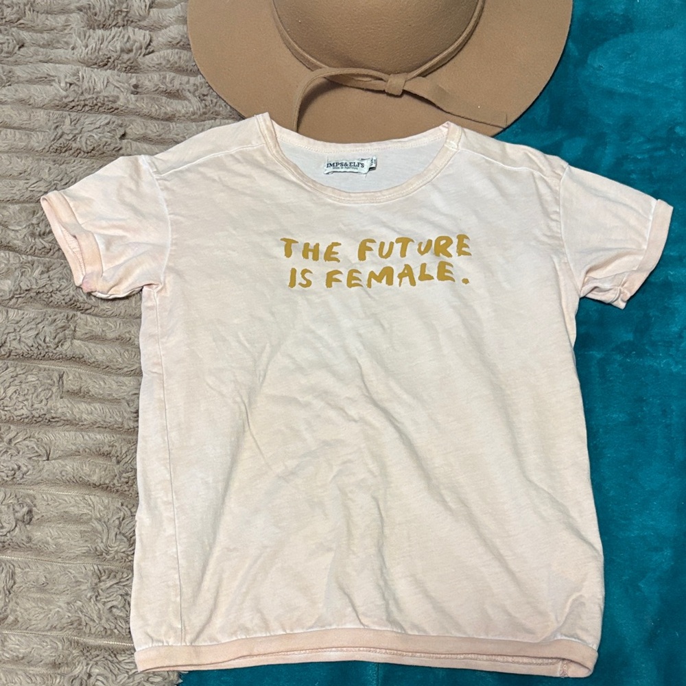 Imps & Elfs Light Pink Tee with Gold Text